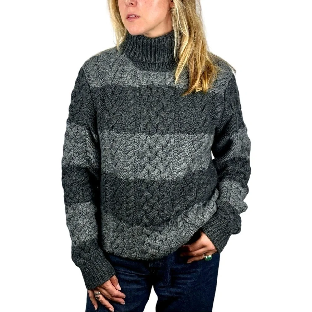 MICHAEL KORS LAMBSWOOL CONTRAST CABLEKNIT STRIPED CHUNKY KNIT TURTLENECK SWEATER